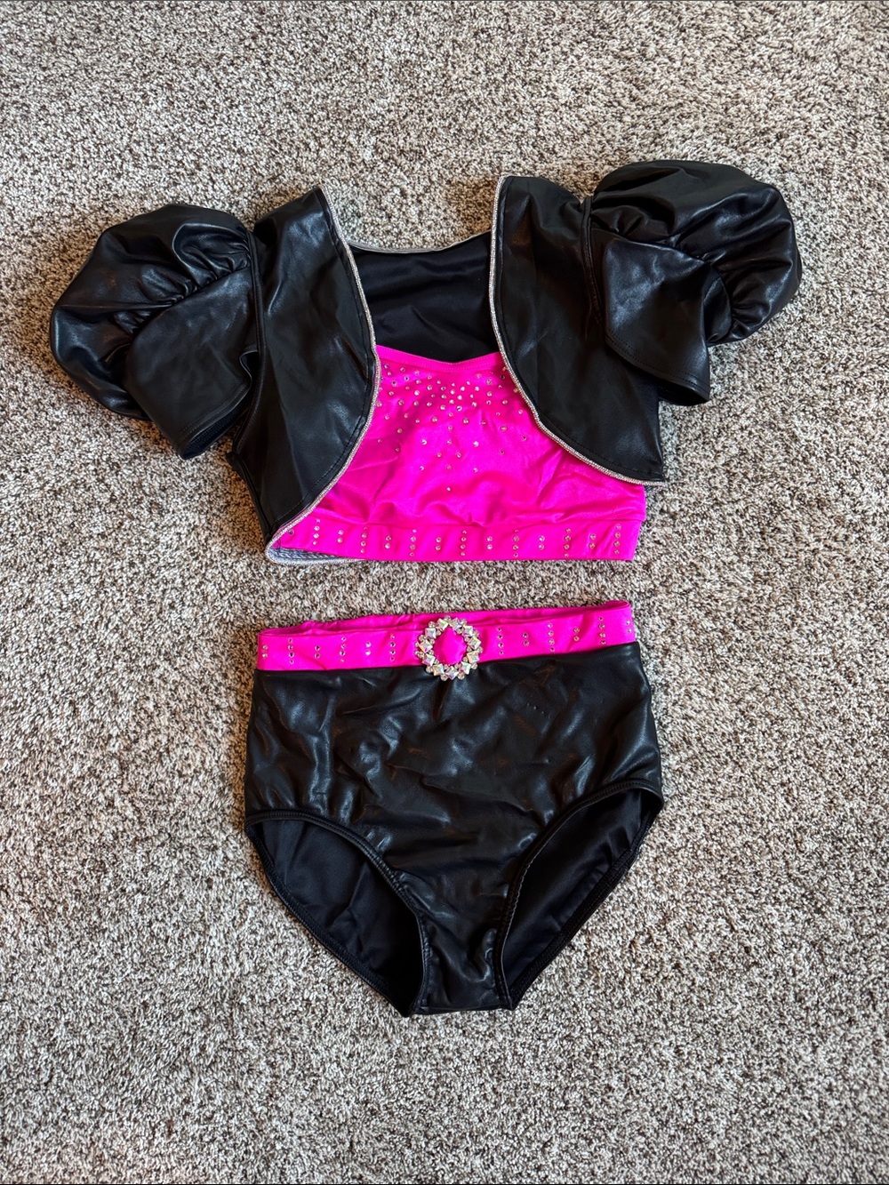 Weissman Black pleather and Hot Pink Dance Costume with puff sleeves style 17581